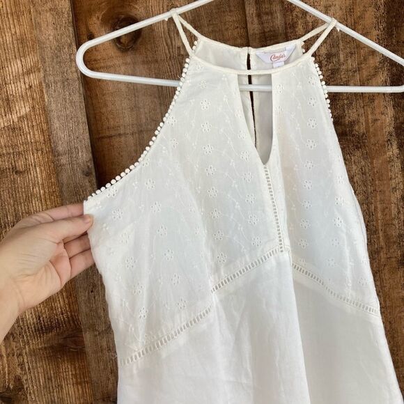 Candie's® Eyelet Lace Floral Pom-Pom Halter Cut out Ruffle Keyhole Swing Dress - Picture 5 of 7